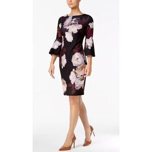Calvin Klein Dark Floral Print Bell Sleeve Sheath Dress Size 6